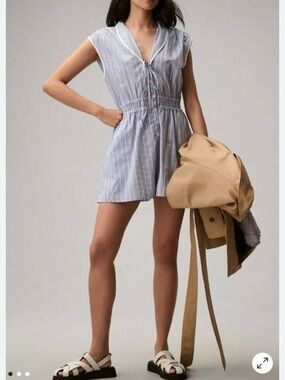 Anthropologie Blue White Red Striped Woman's Cotton Romper Size L Coastal Summer